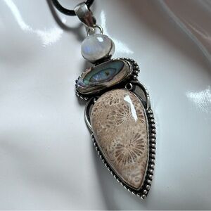 Hand Crafted Fossil AGATIZED Coral, Abalone & Moonstone Pendant Necklace Silver